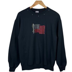 Jerzees Sweatshirt American Flag Textured Sequin Beads Rhinestone‎ Medium Black